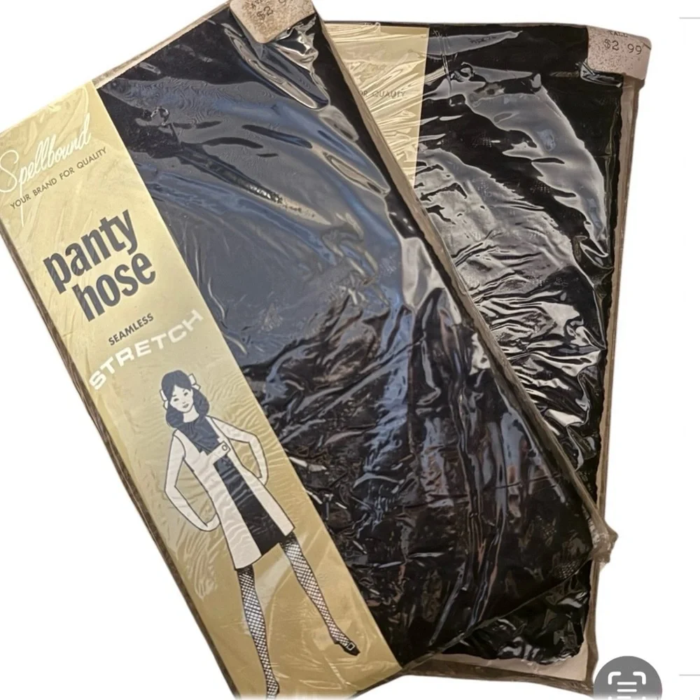 1960’s Mod‎ Textured Pantyhose Tights in Black, Stretch Nylon, Deadstock, New